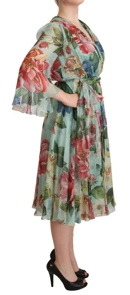 Dolce & Gabbana Multicolor Green Floral Silk Wrap Midi Dress - Zeiniez