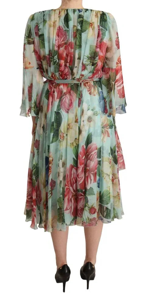 Dolce & Gabbana Multicolor Green Floral Silk Wrap Midi Dress - Zeiniez