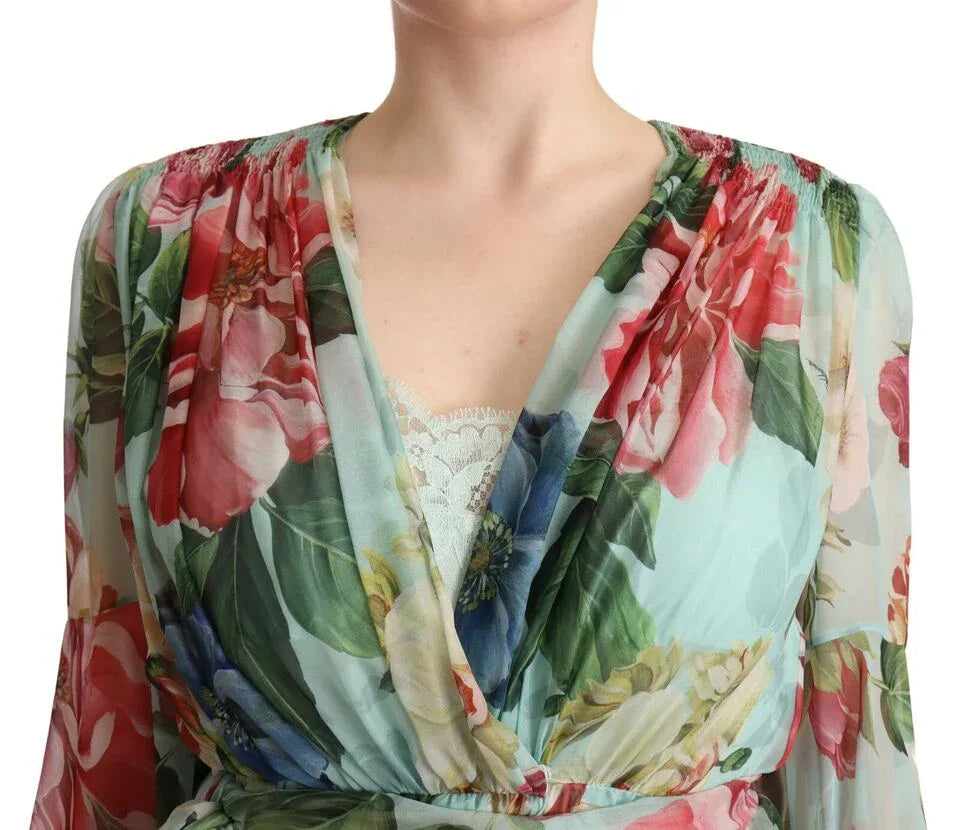 Dolce & Gabbana Multicolor Green Floral Silk Wrap Midi Dress - Zeiniez