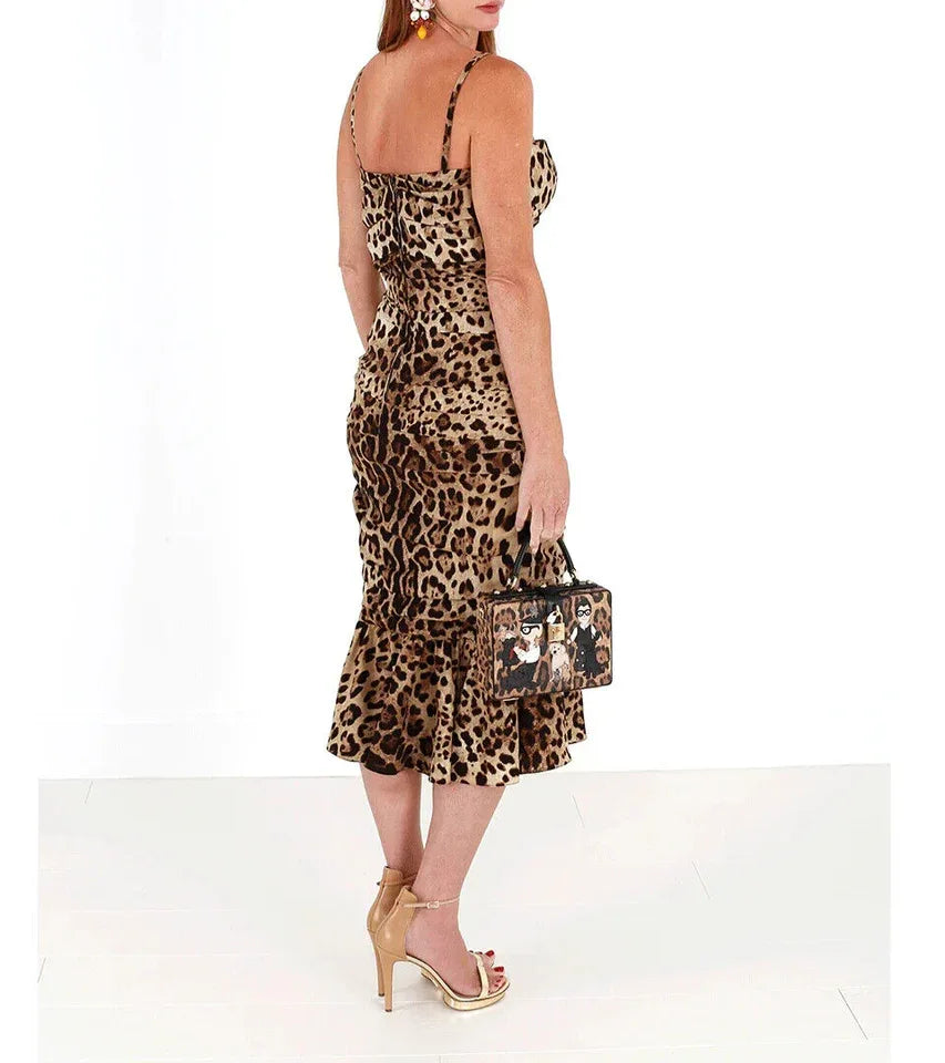 Dolce & Gabbana Brown Leopard Print Ruched Midi Dress - Zeiniez