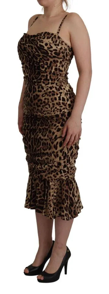 Dolce & Gabbana Brown Leopard Print Ruched Midi Dress - Zeiniez