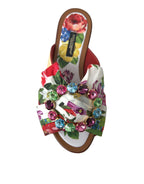 Dolce & Gabbana Multicolor Floral Flats Crystal Sandals Shoes - Zeiniez