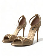 Dolce & Gabbana Gold Satin Ankle Strap Crystal Sandals Shoes - Zeiniez