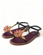 Dolce & Gabbana Black Crystal Gold Sandals Leather Shoes - Zeiniez