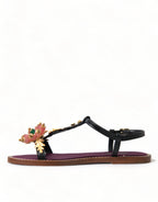 Dolce & Gabbana Black Crystal Gold Sandals Leather Shoes - Zeiniez
