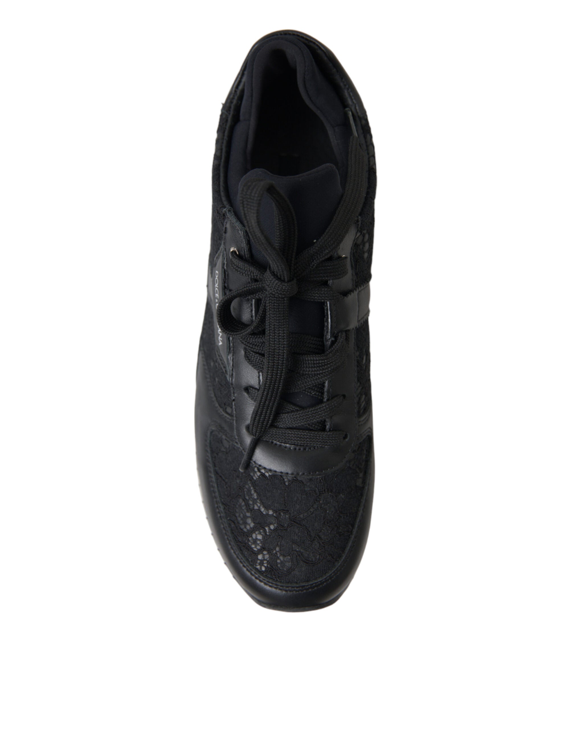 Dolce & Gabbana Black Floral Lace Leather Sneakers Shoes - Zeiniez