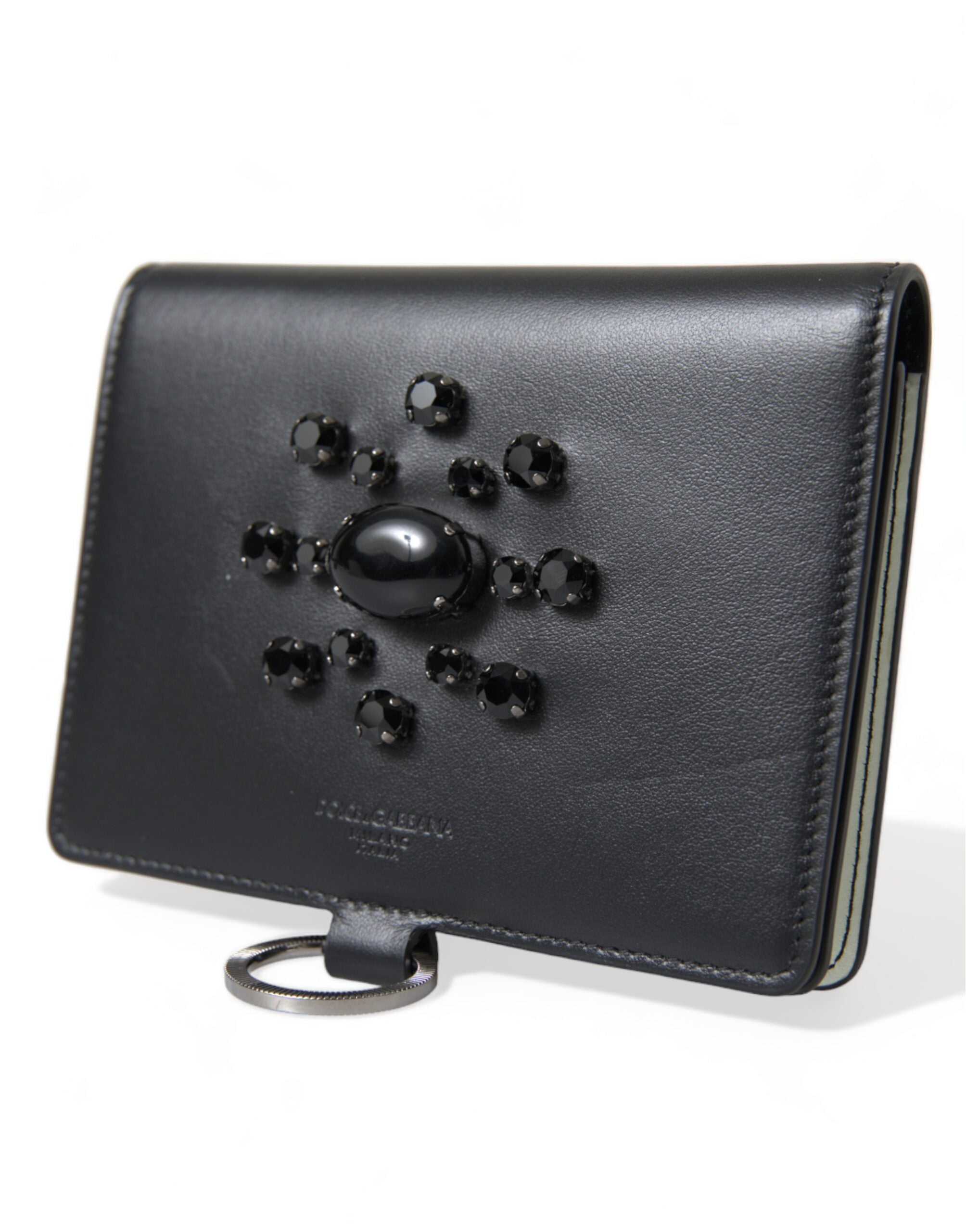 Dolce & Gabbana Black Leather Crystal Embellished Card Holder Wallet - Zeiniez