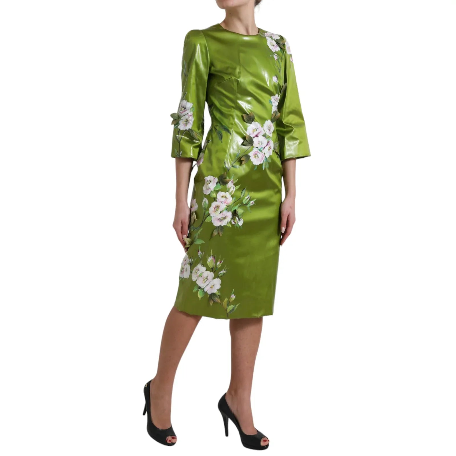 Dolce & Gabbana Green Floral Embellished Sheath Midi Dress - Zeiniez