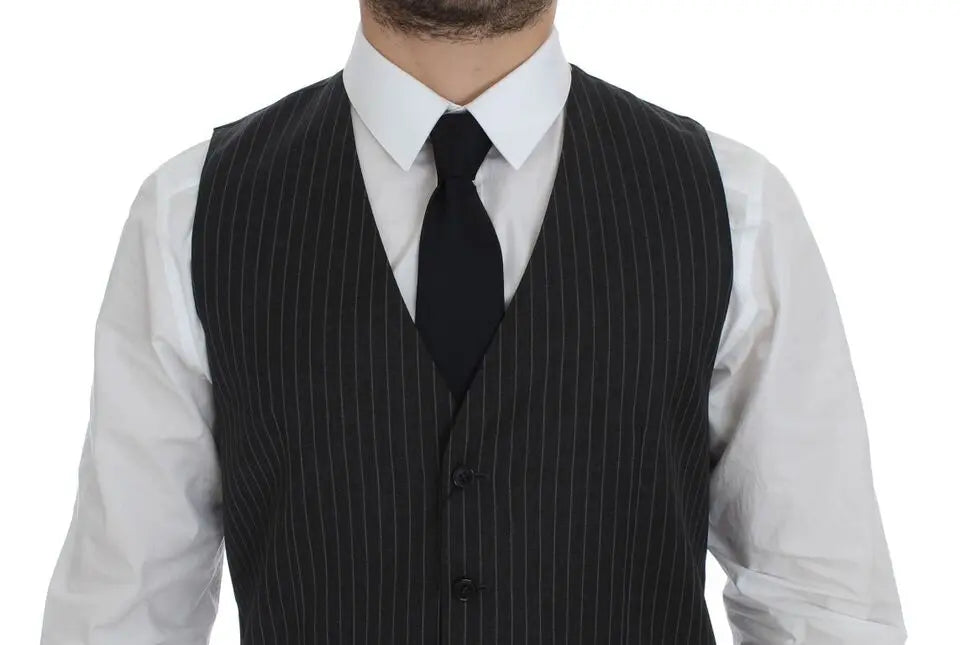 Dolce & Gabbana Gray Striped Wool Single Breasted Vest Dolce & Gabbana