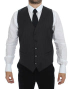 Dolce & Gabbana Gray Striped Wool Single Breasted Vest Dolce & Gabbana