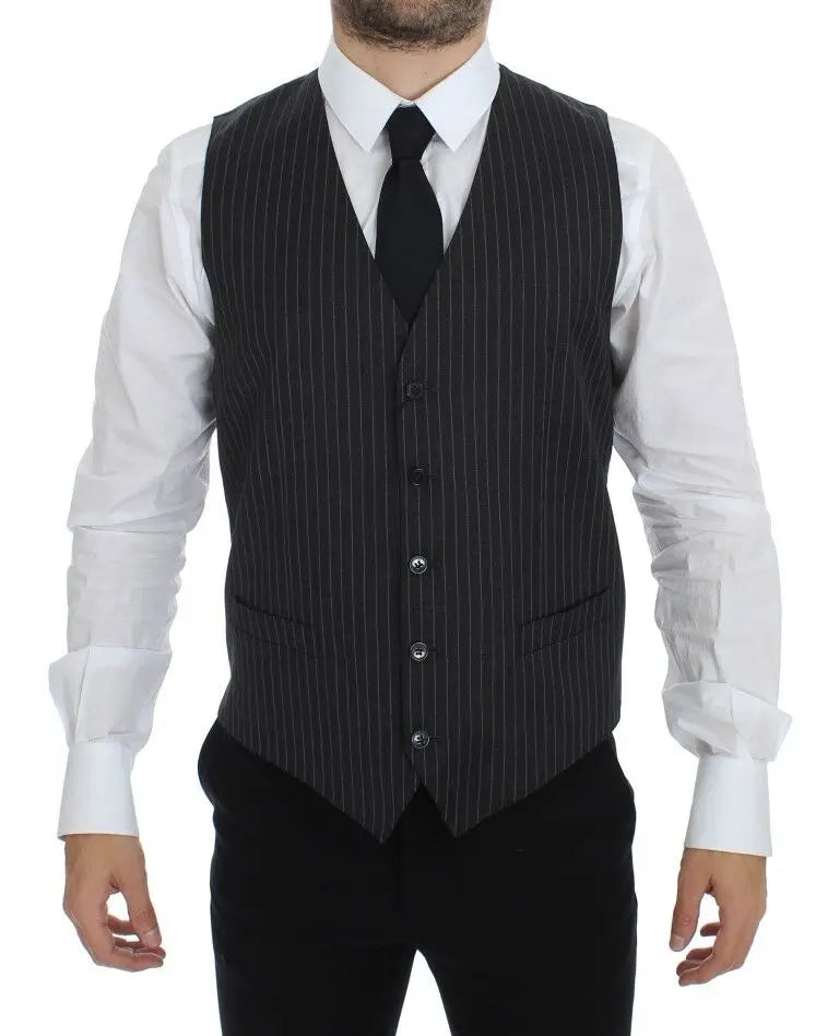 Dolce & Gabbana Gray Striped Wool Single Breasted Vest Dolce & Gabbana
