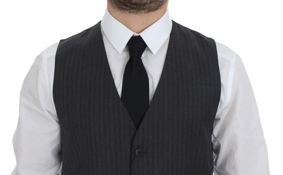 Dolce & Gabbana Black Striped Wool Single Breasted Vest Dolce & Gabbana