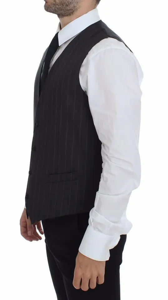 Dolce & Gabbana Gray Striped Wool Logo Vest Gilet Weste Dolce & Gabbana