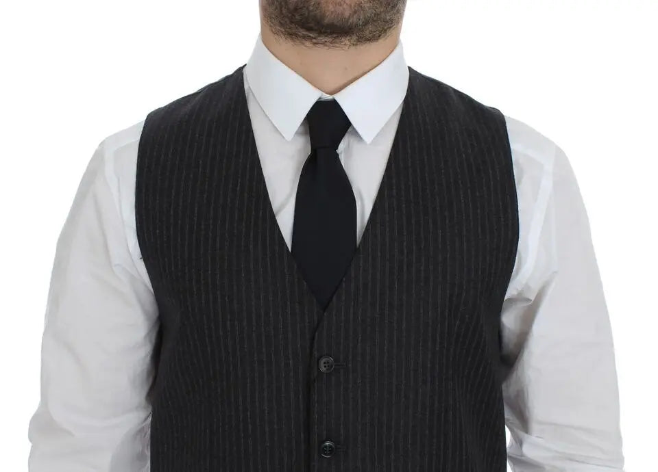 Dolce & Gabbana Gray Striped Wool Single Breasted Vest Dolce & Gabbana