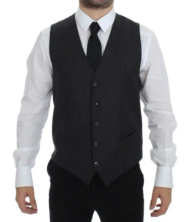 Dolce & Gabbana Gray Striped Wool Single Breasted Vest - Zeiniez