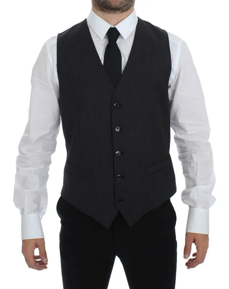 Dolce & Gabbana Gray Striped Wool Single Breasted Vest Dolce & Gabbana