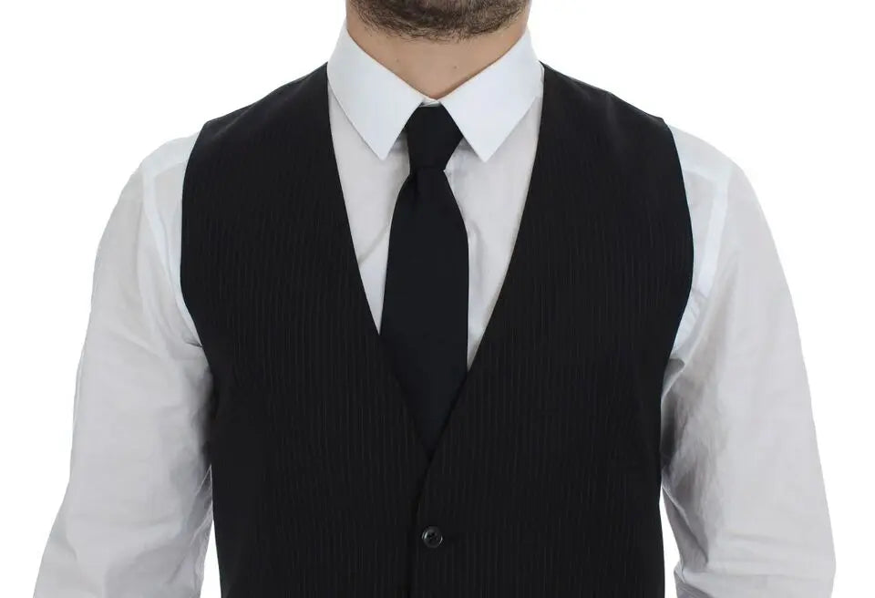 Dolce & Gabbana Black Striped Wool Single Breasted Vest Dolce & Gabbana
