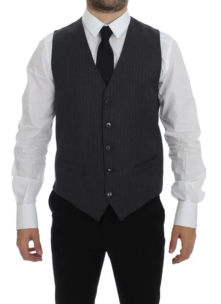 Dolce & Gabbana Gray Striped Wool Single Breasted Vest Dolce & Gabbana