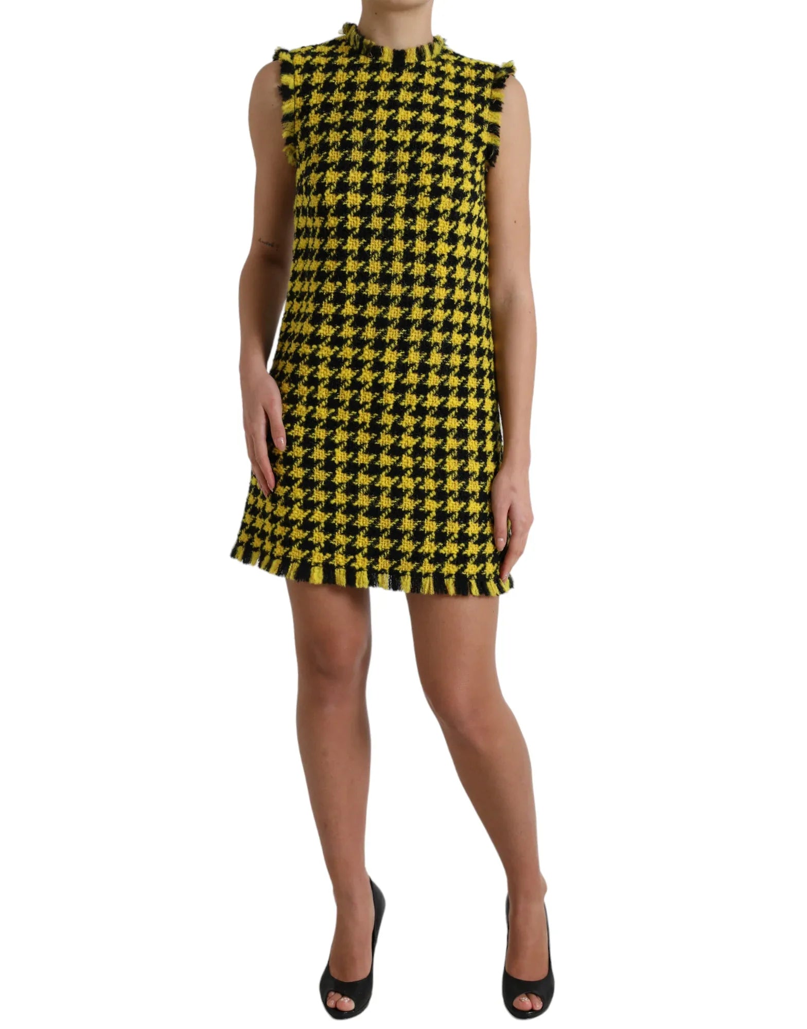 Dolce & Gabbana Yellow Houndstooth Sleeveless Aline Mini Dress - Zeiniez