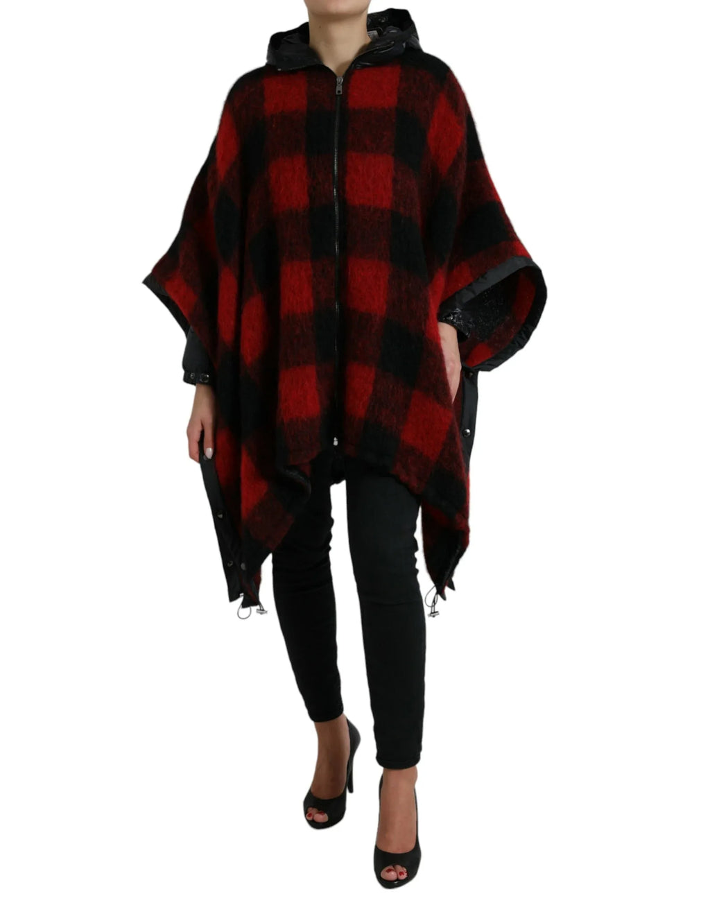 Dolce & Gabbana Black Red Buffalo Check Hooded Poncho Jacket - Zeiniez