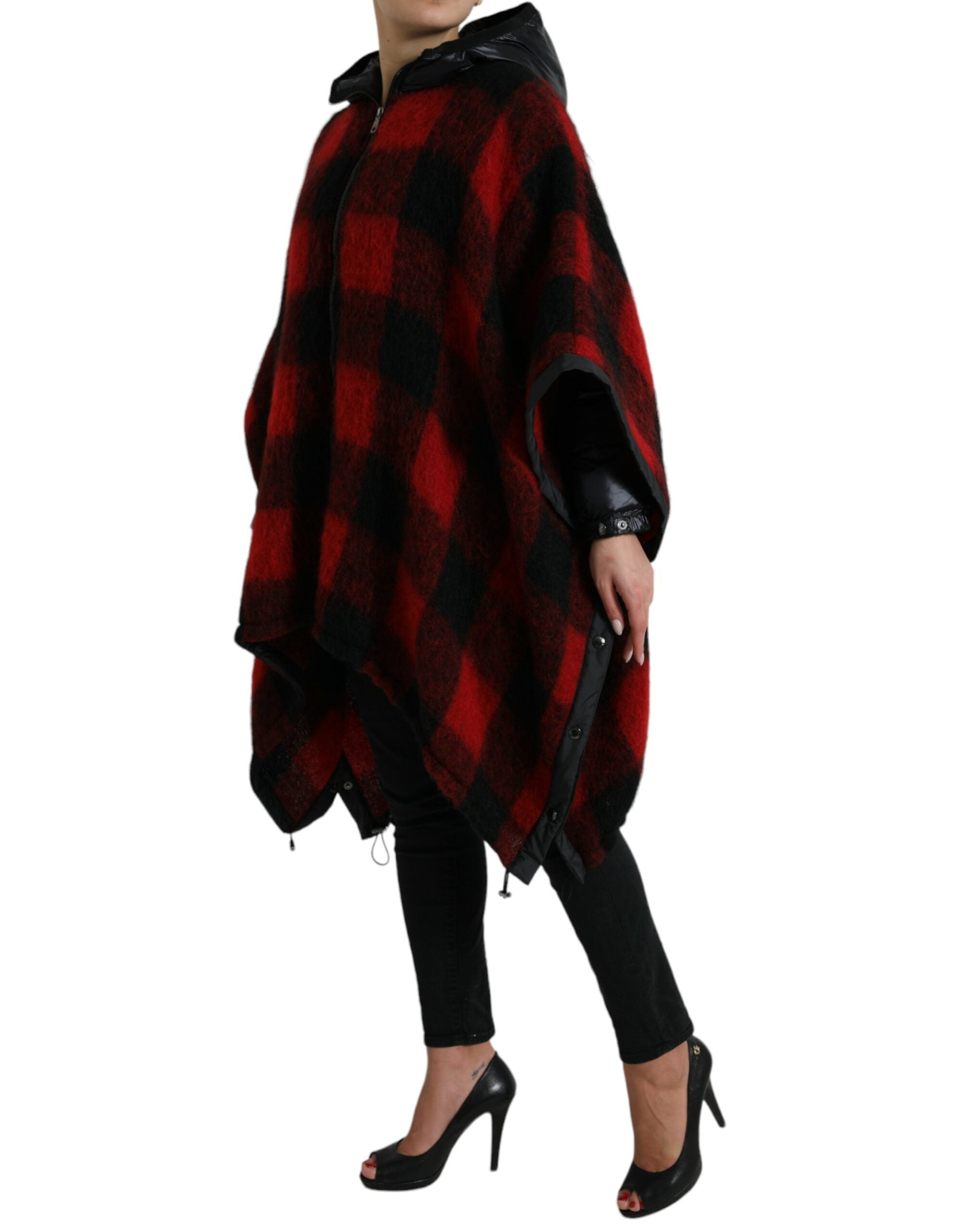 Dolce & Gabbana Black Red Buffalo Check Hooded Poncho Jacket - Zeiniez