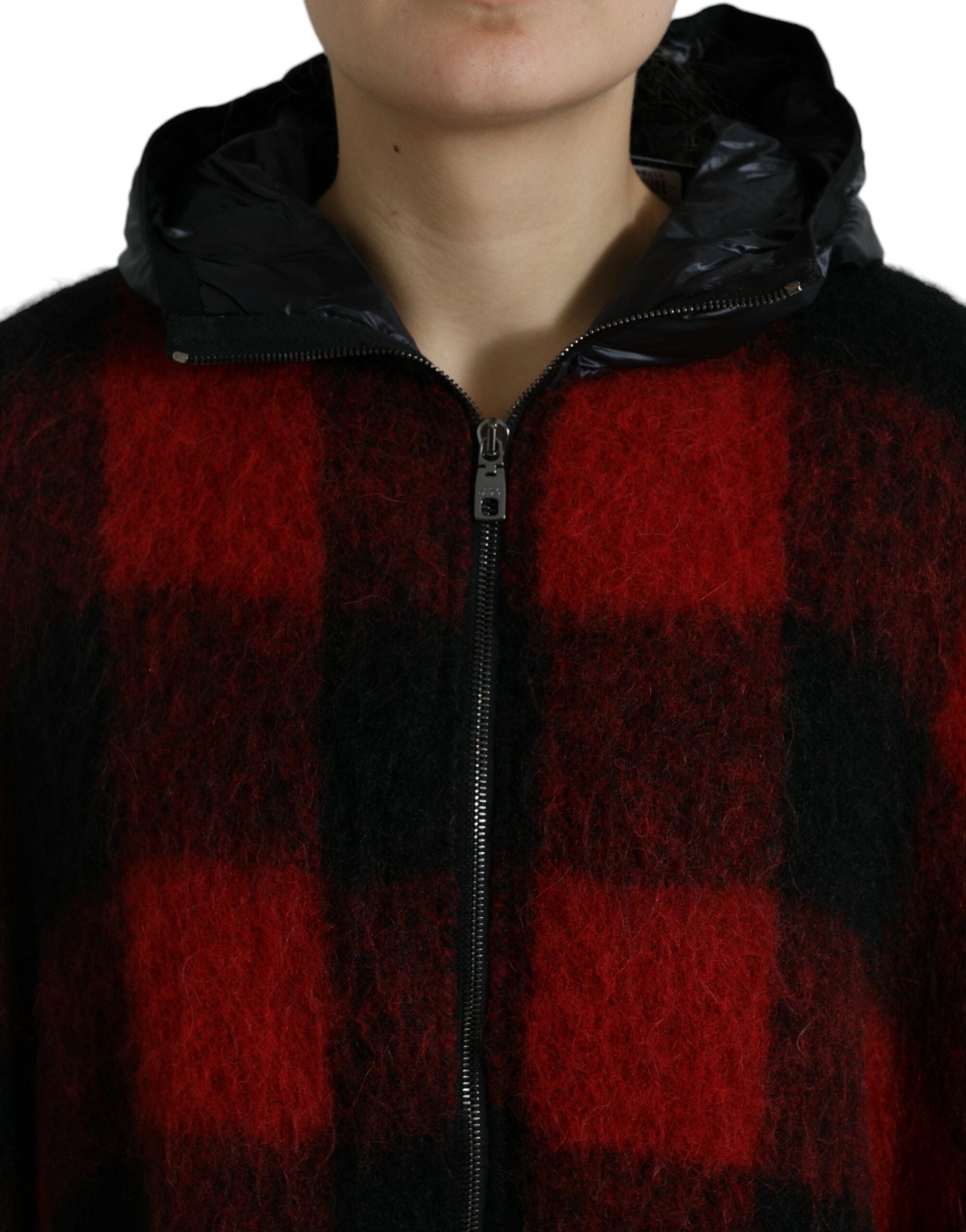 Dolce & Gabbana Black Red Buffalo Check Hooded Poncho Jacket - Zeiniez