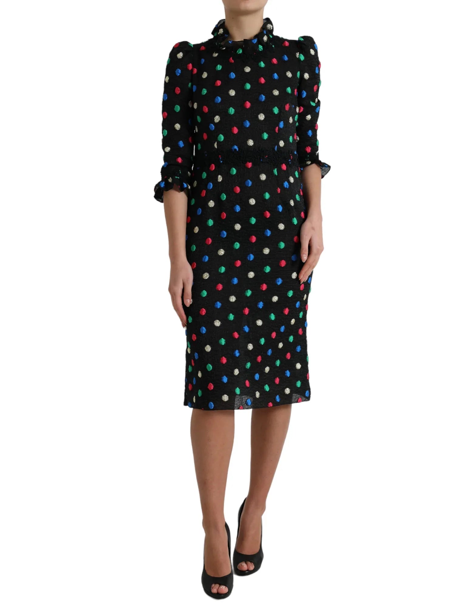Dolce & Gabbana Black Polka Dot Ruffle Cotton Midi Dress - Zeiniez
