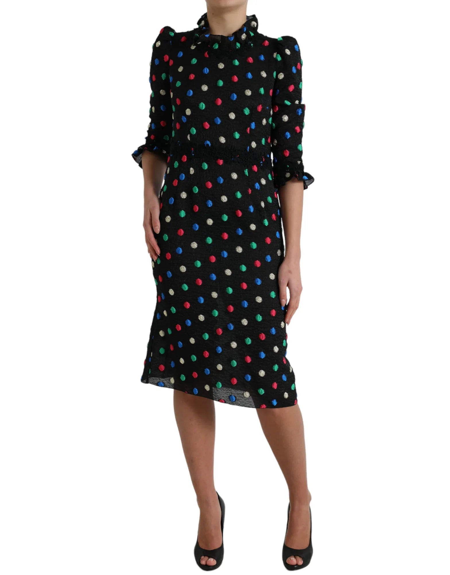 Dolce & Gabbana Black Polka Dot Ruffle Cotton Midi Dress - Zeiniez