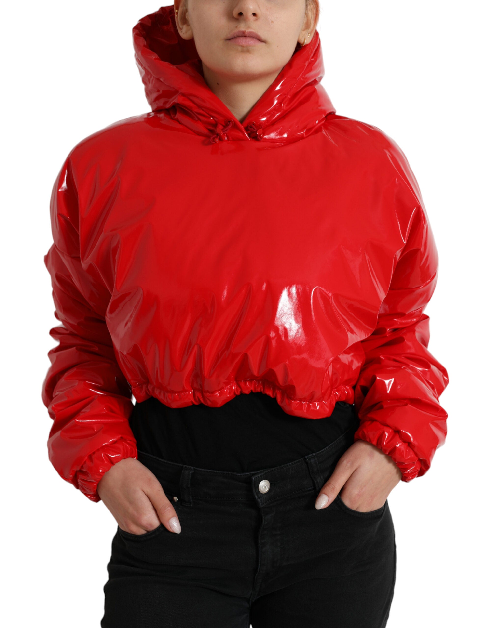 Dolce & Gabbana Shiny Red Hooded Cropped Short Coat Jacket - Zeiniez