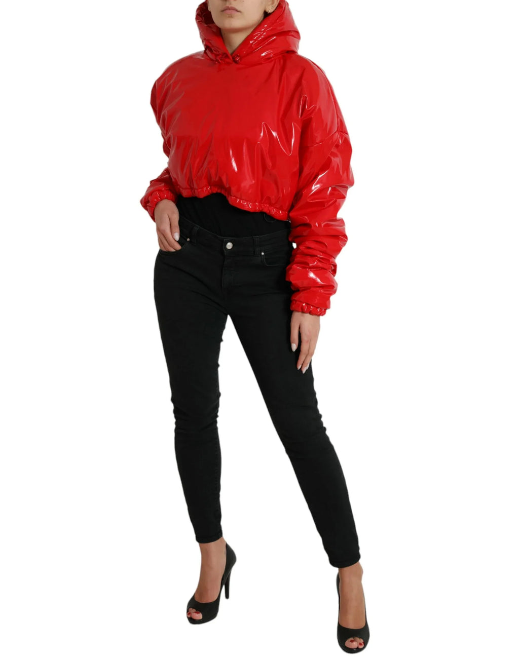 Dolce & Gabbana Shiny Red Hooded Cropped Short Coat Jacket - Zeiniez