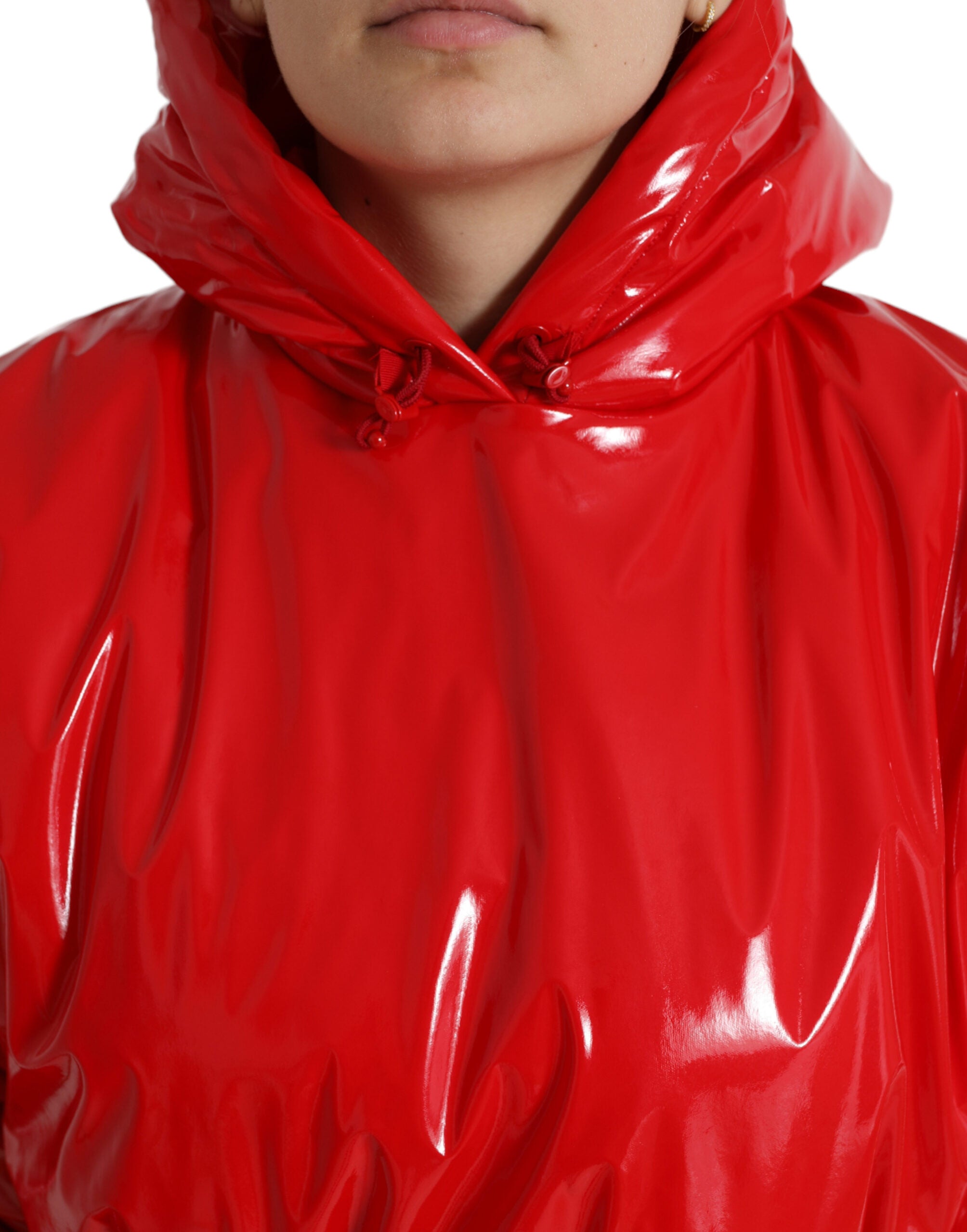 Dolce & Gabbana Shiny Red Hooded Cropped Short Coat Jacket - Zeiniez