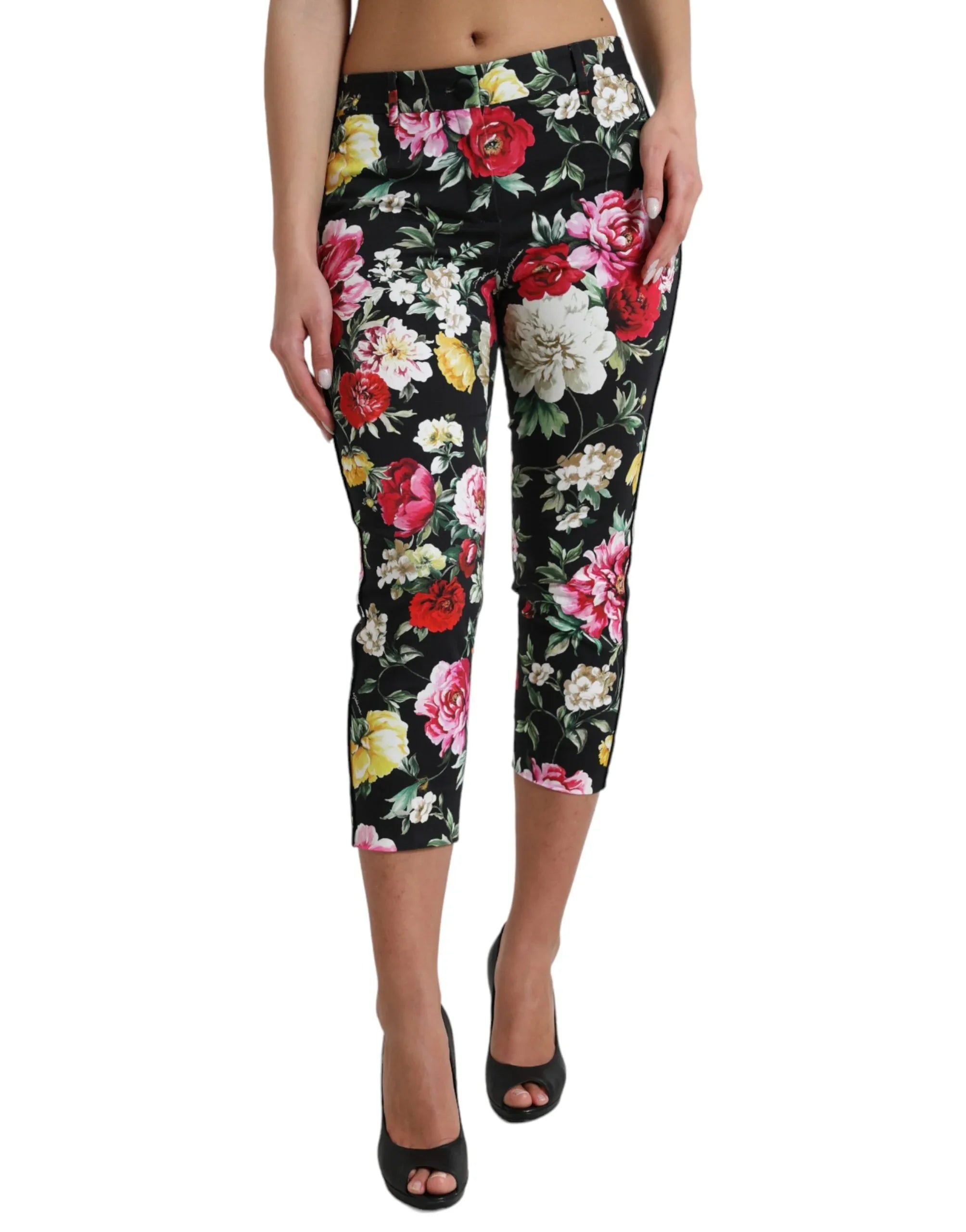 Dolce & Gabbana Black Floral Print Mid Waist Cropped Pants - Zeiniez