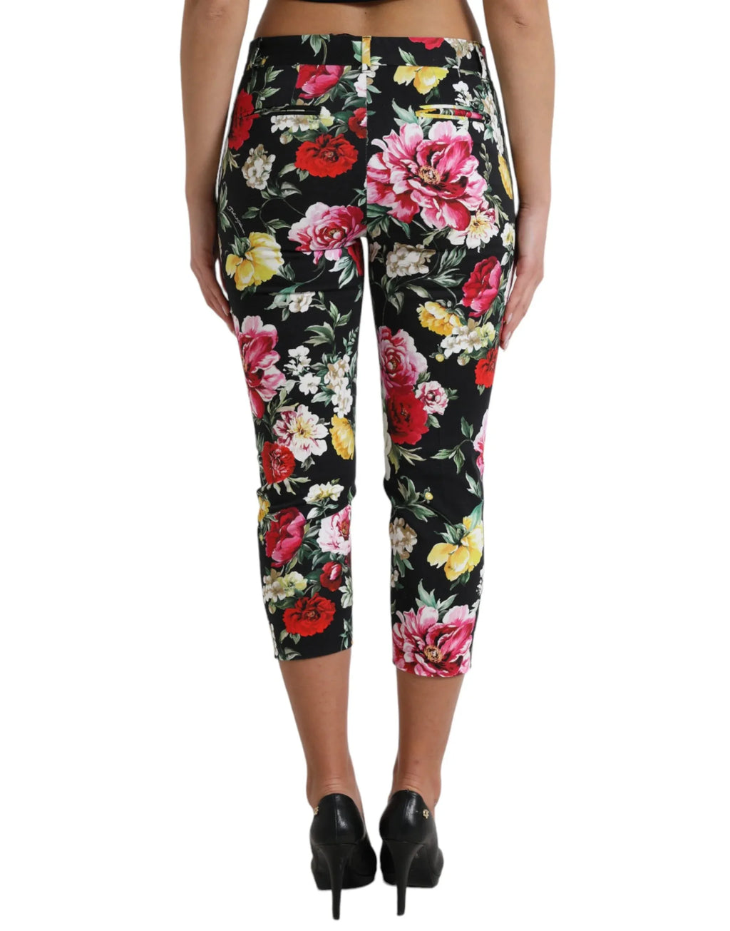 Dolce & Gabbana Black Floral Print Mid Waist Cropped Pants - Zeiniez