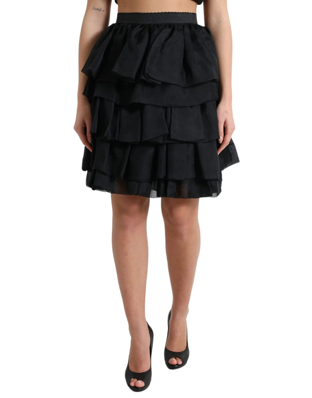 Dolce & Gabbana Black Tiered Aline High Waist Silk Mini Skirt - Zeiniez