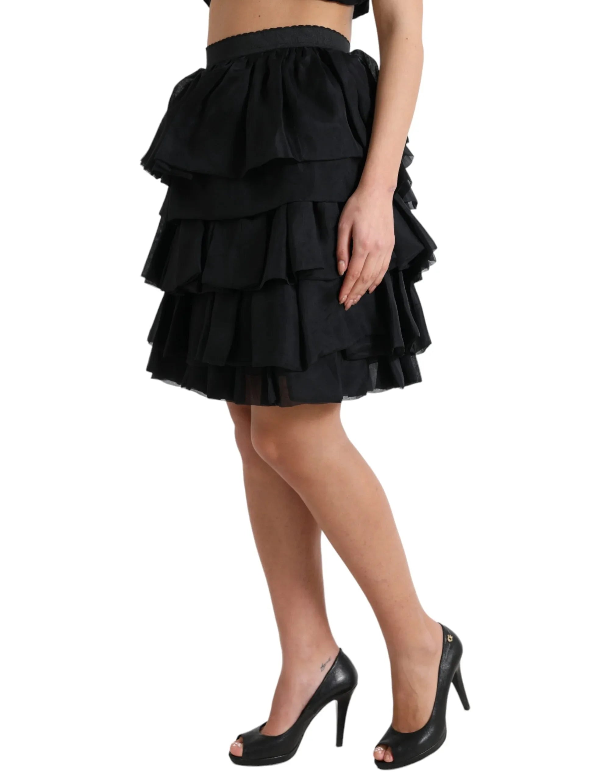 Dolce & Gabbana Black Tiered Aline High Waist Silk Mini Skirt - Zeiniez