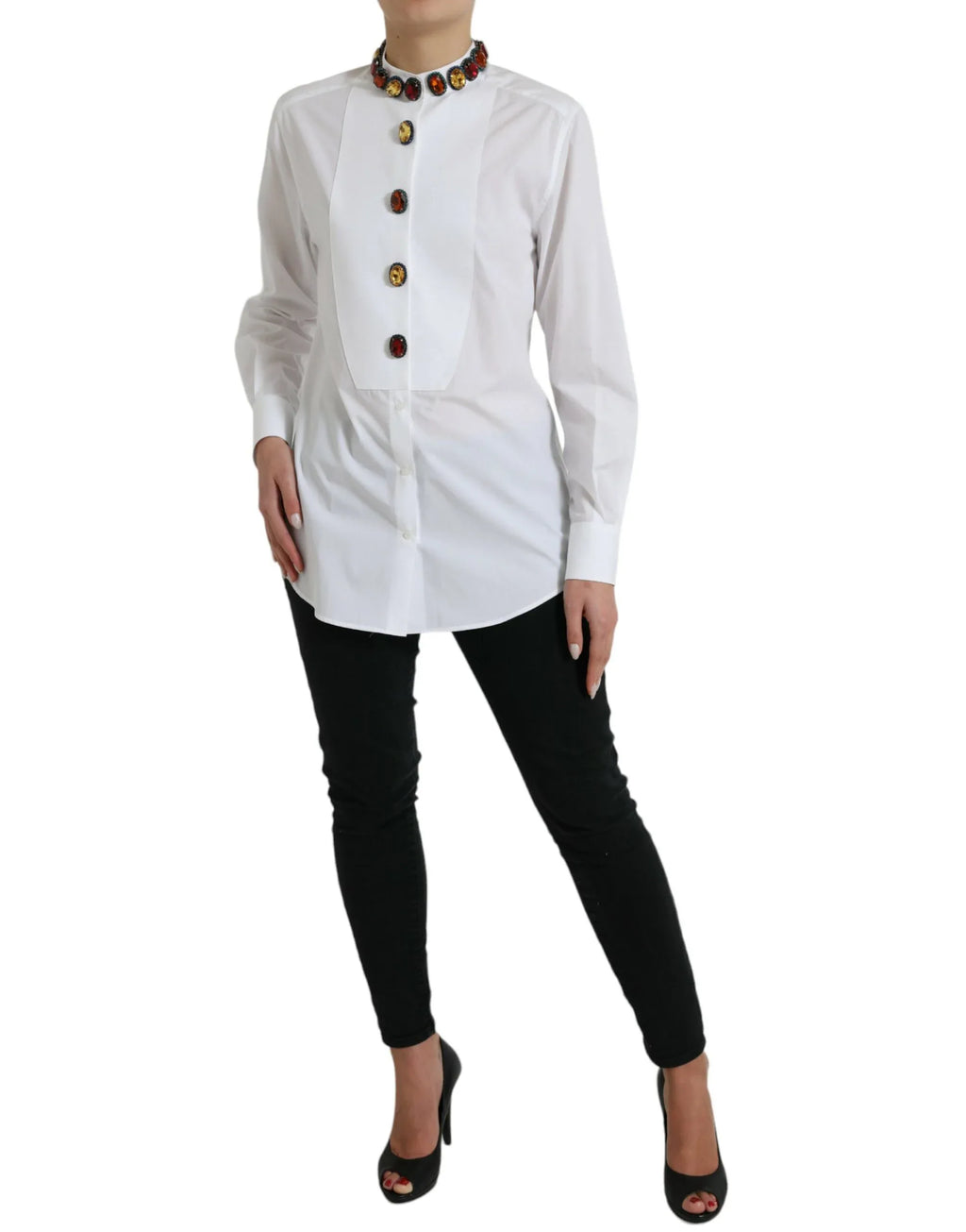 Dolce & Gabbana White Cotton Crystals Embellished Shirt Top - Zeiniez