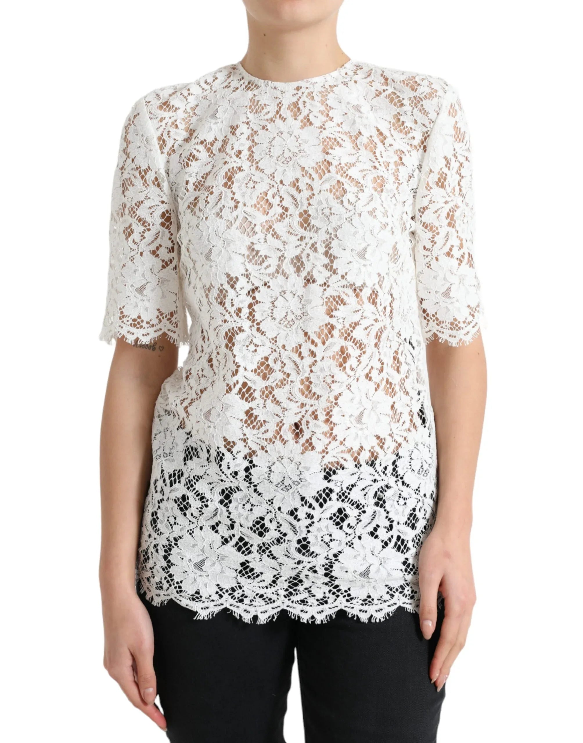 Dolce & Gabbana White Floral Lace Cotton Round Neck Blouse Top - Zeiniez