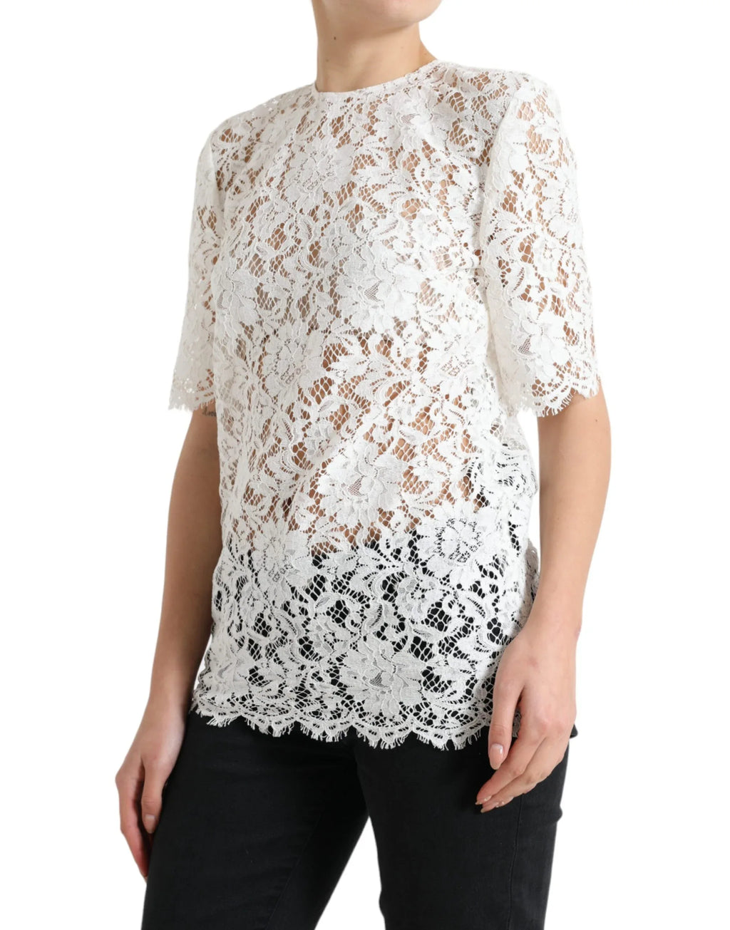 Dolce & Gabbana White Floral Lace Cotton Round Neck Blouse Top - Zeiniez