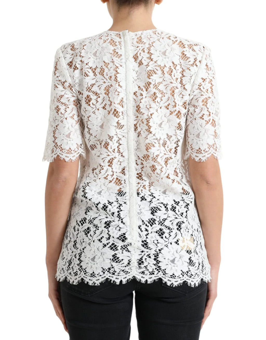 Dolce & Gabbana White Floral Lace Cotton Round Neck Blouse Top - Zeiniez