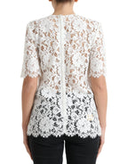 Dolce & Gabbana White Floral Lace Cotton Round Neck Blouse Top - Zeiniez