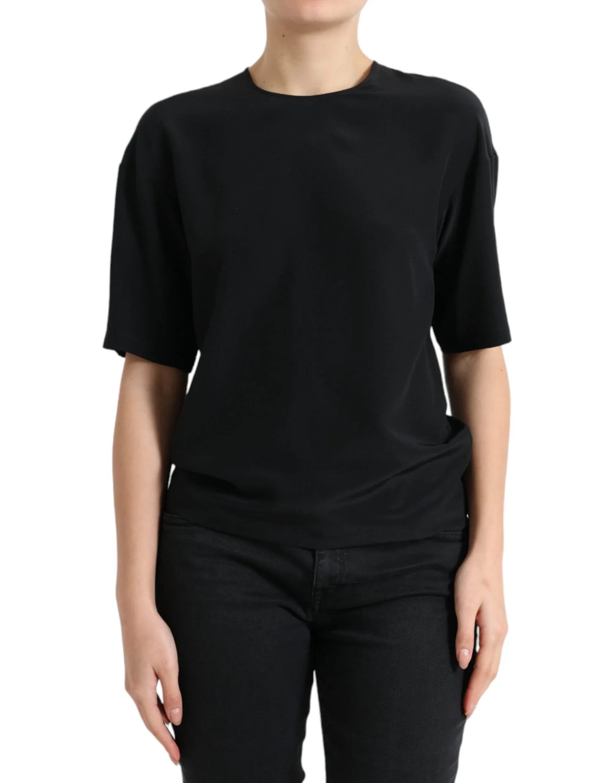 Dolce & Gabbana Black Silk Round Neck Short Sleeve Blouse Top - Zeiniez