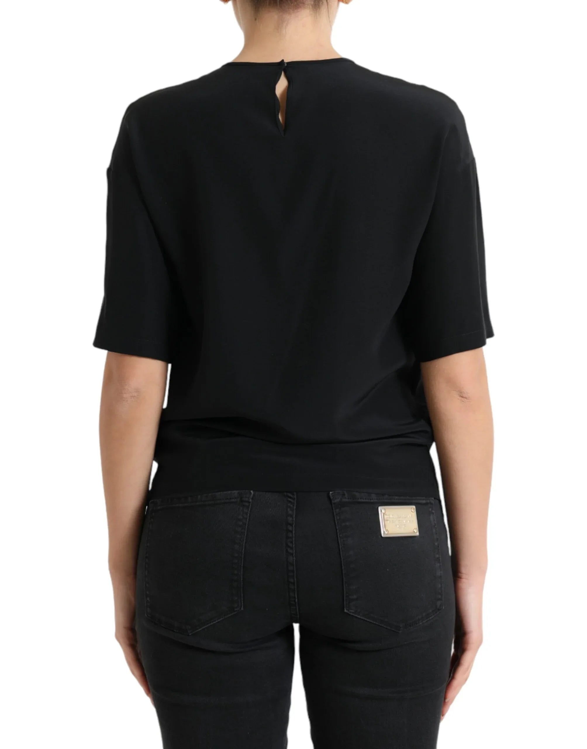 Dolce & Gabbana Black Silk Round Neck Short Sleeve Blouse Top - Zeiniez