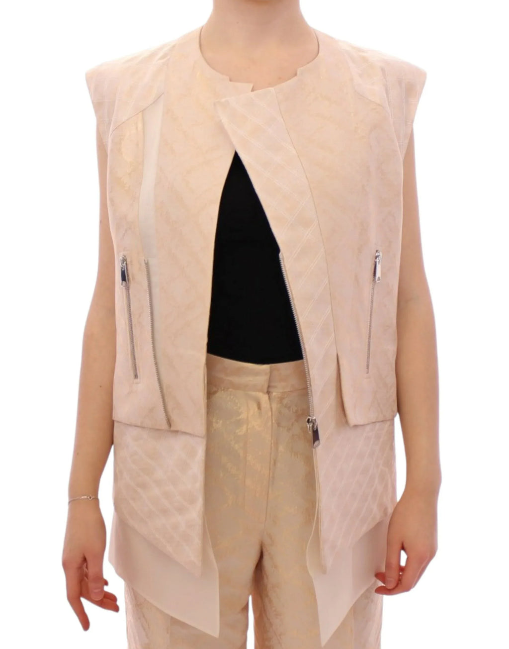 Zeyneptosun Beige brocade sleeveless jacket - Zeiniez