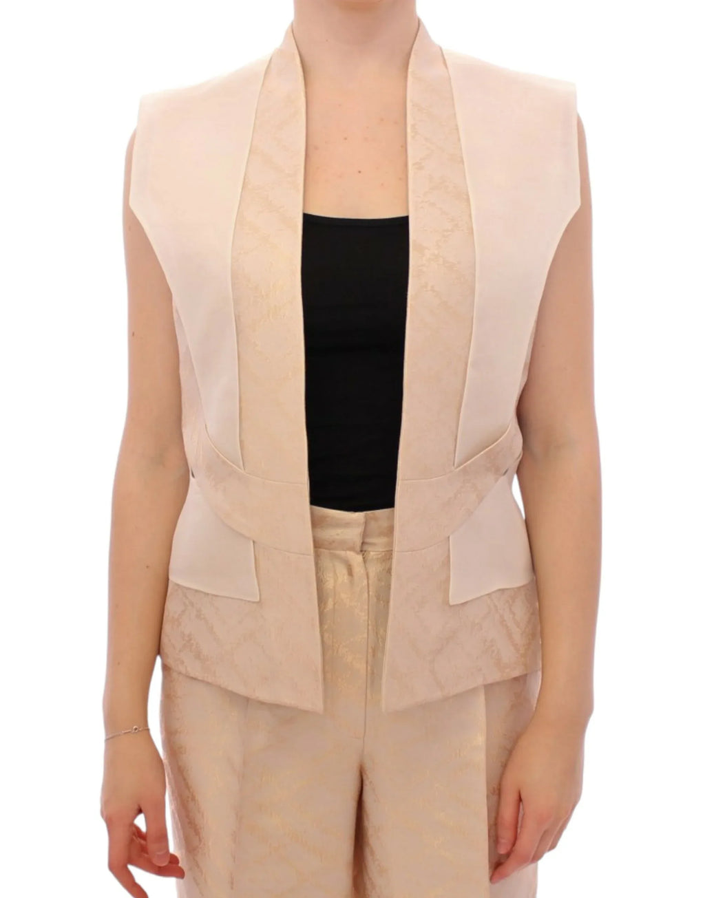 Zeyneptosun Beige brocade sleeveless jacket vest - Zeiniez