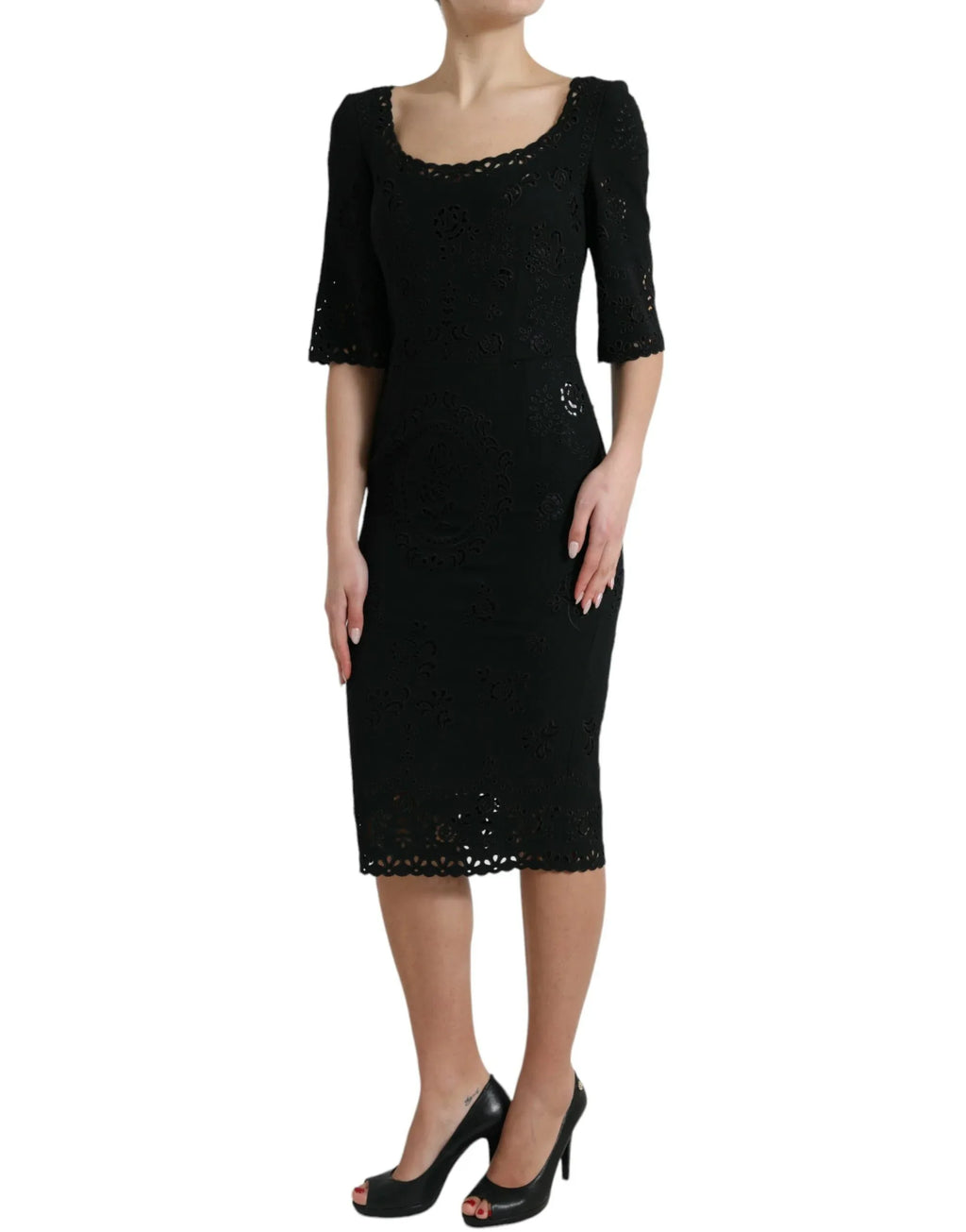 Dolce & Gabbana Black Floral Lace Viscose Bodycon Midi Dress - Zeiniez