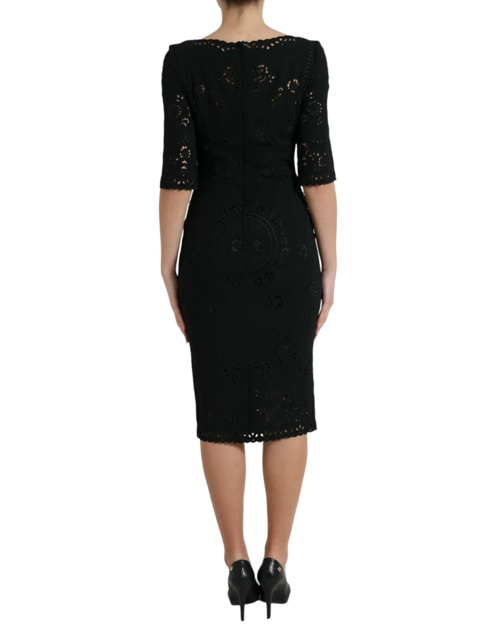 Dolce & Gabbana Black Floral Lace Viscose Bodycon Midi Dress - Zeiniez