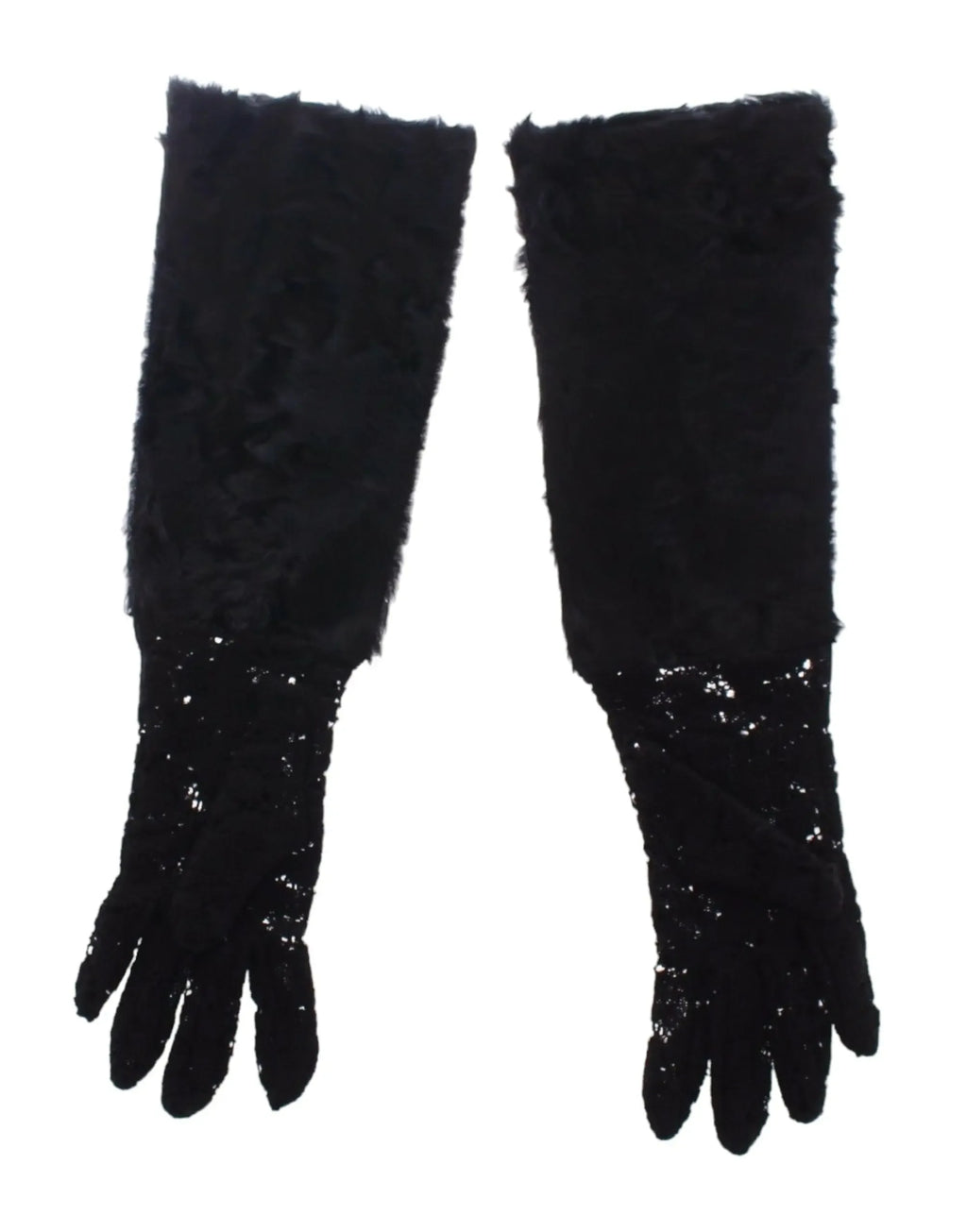 Dolce & Gabbana Black Lace Wool Lambskin Fur Elbow Gloves - Zeiniez
