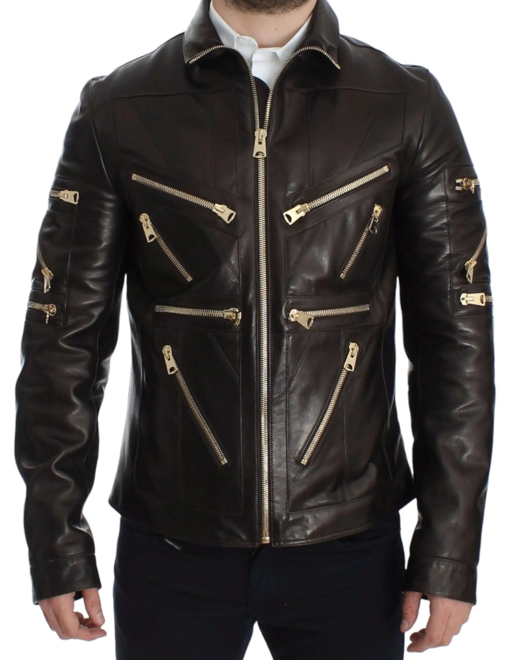 Dolce & Gabbana Brown Lambskin Leather Zipper Jacket Dolce & Gabbana