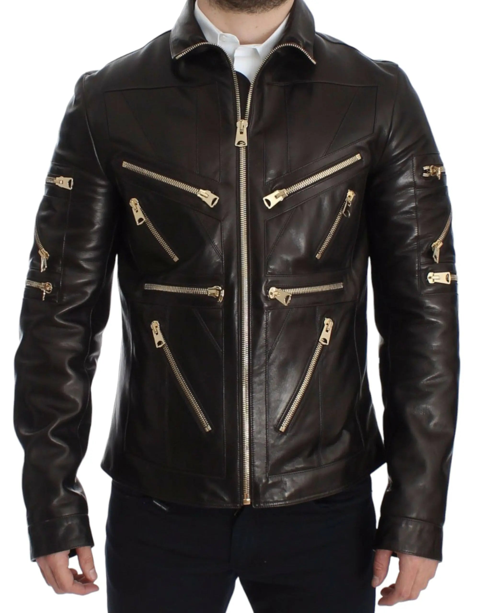 Dolce & Gabbana Brown Lambskin Leather Zipper Jacket Dolce & Gabbana