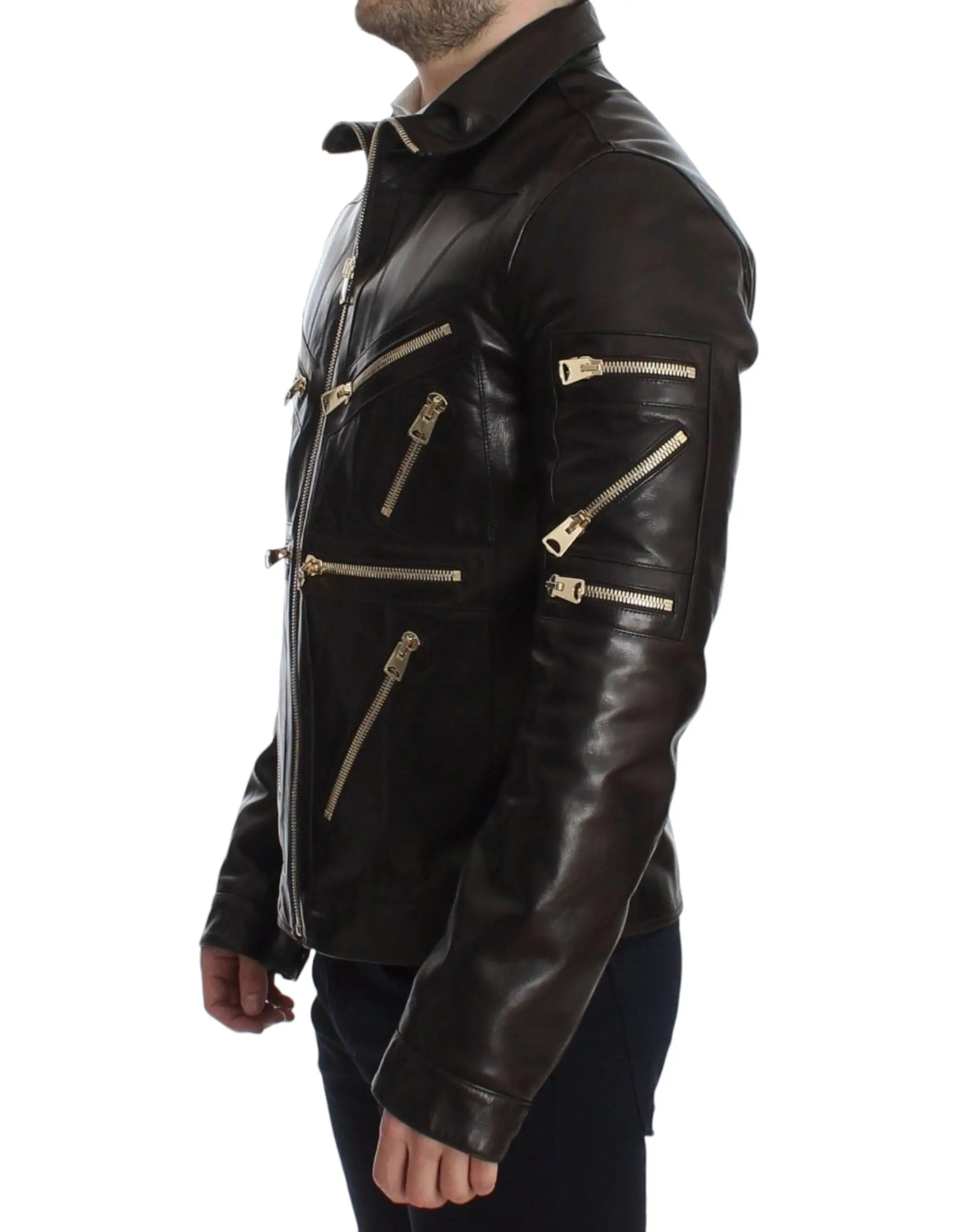 Dolce & Gabbana Brown Lambskin Leather Zipper Jacket Dolce & Gabbana